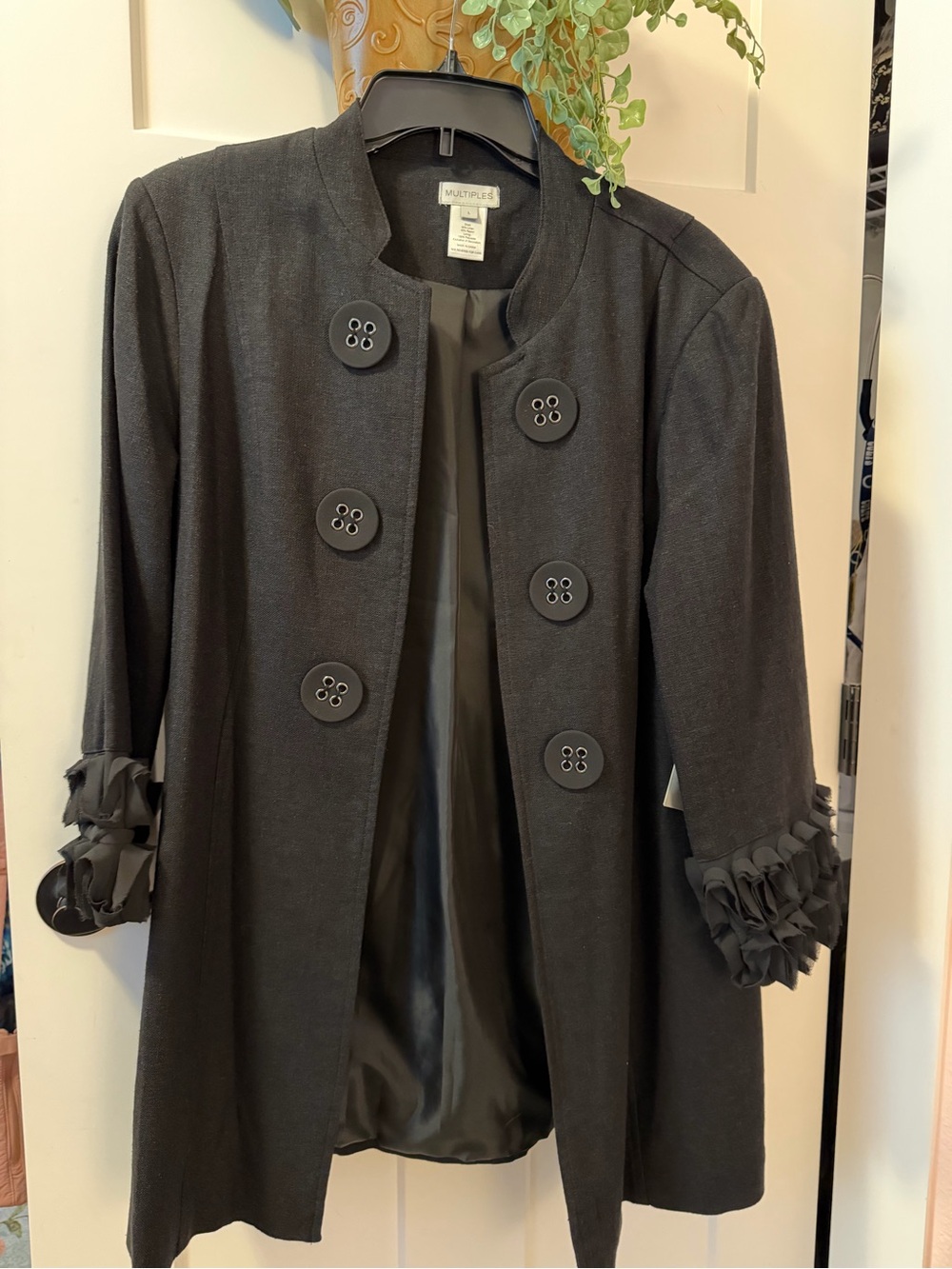 Multiples Black Ruffle-Cuff Buttoned Dress Jacket